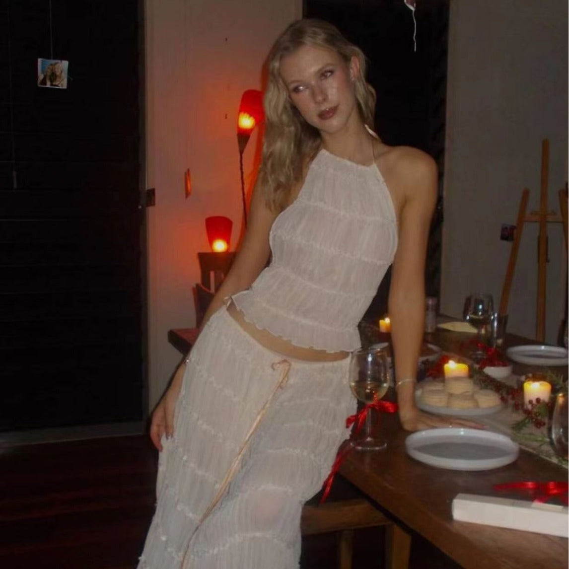 New European and American fashion and sexy backless neck strap pleated lace vest long dress set