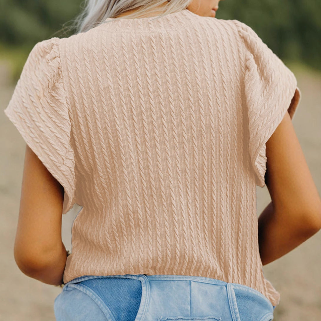 Spring and summer new loose round neck solid color textured knitted sweater women