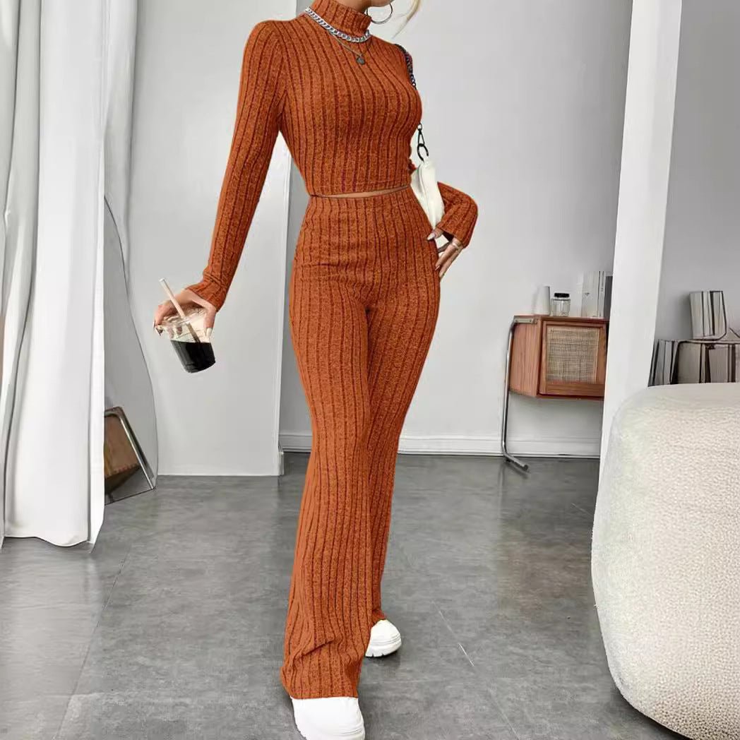 Autumn and Winter solid color knitted long sleeve turtlenecks wide leg high waist trousers suit