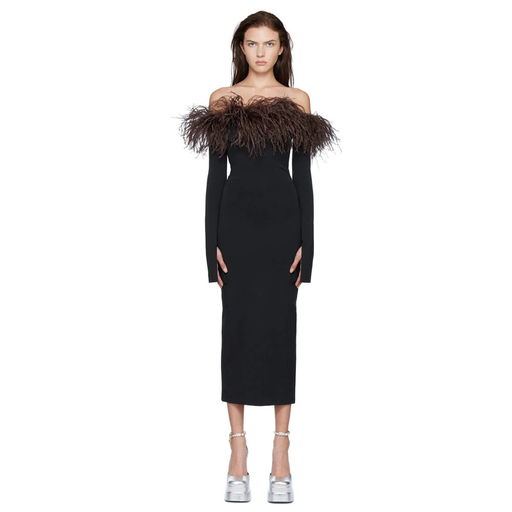 Ostrich Feather Black Long Sleeve Off-Shoulder Bandage Dress