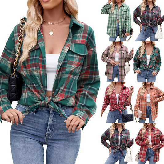 New Casual Fashion Loose Plaid Pocket Shirt Women