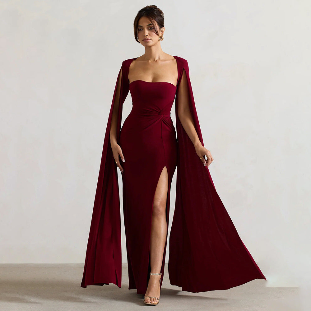 Women's dress square collar mop long sleeve high slit solid color sexy dresses