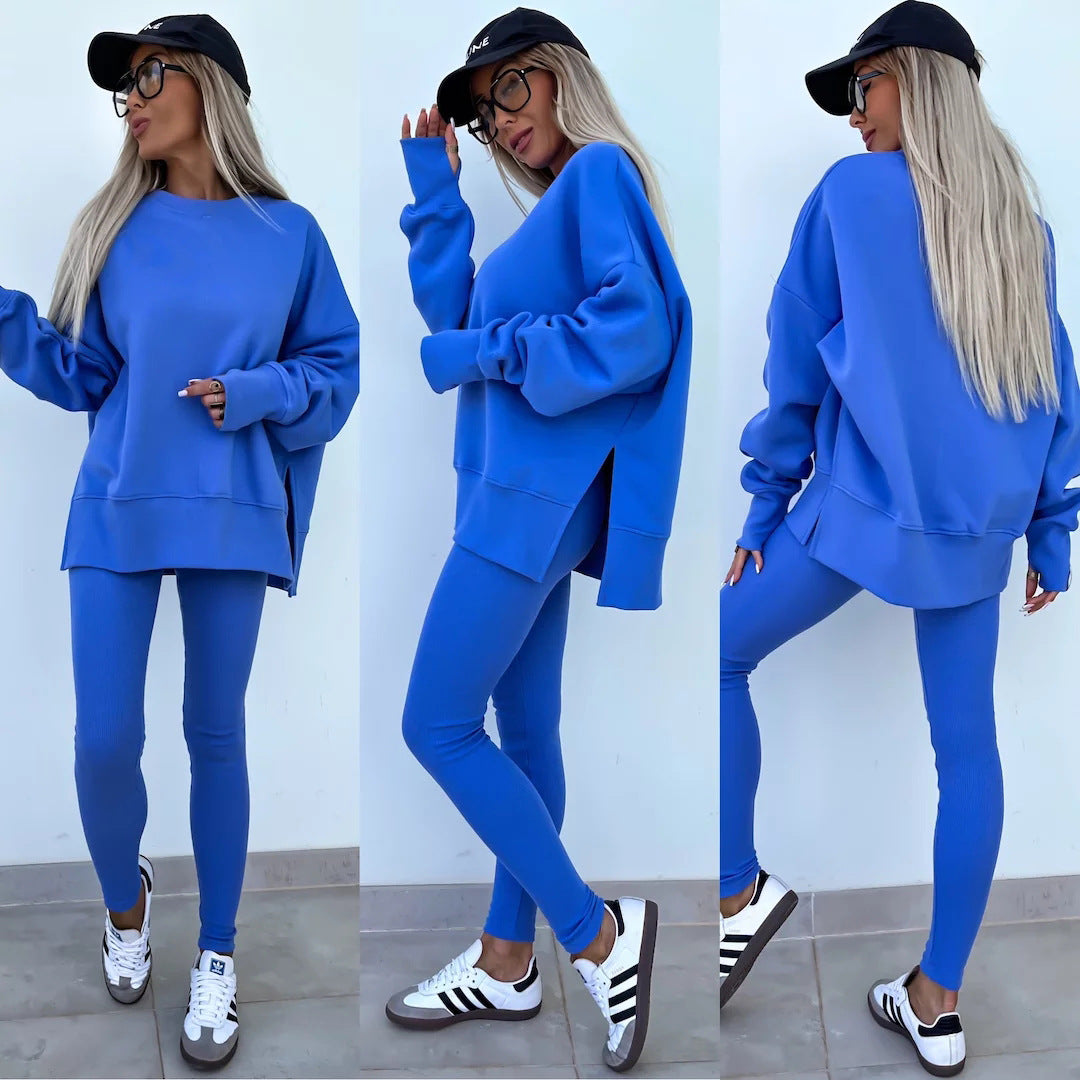 Spring sweater suit women's European and American casual loose long-sleeved round neck split top tight trousers