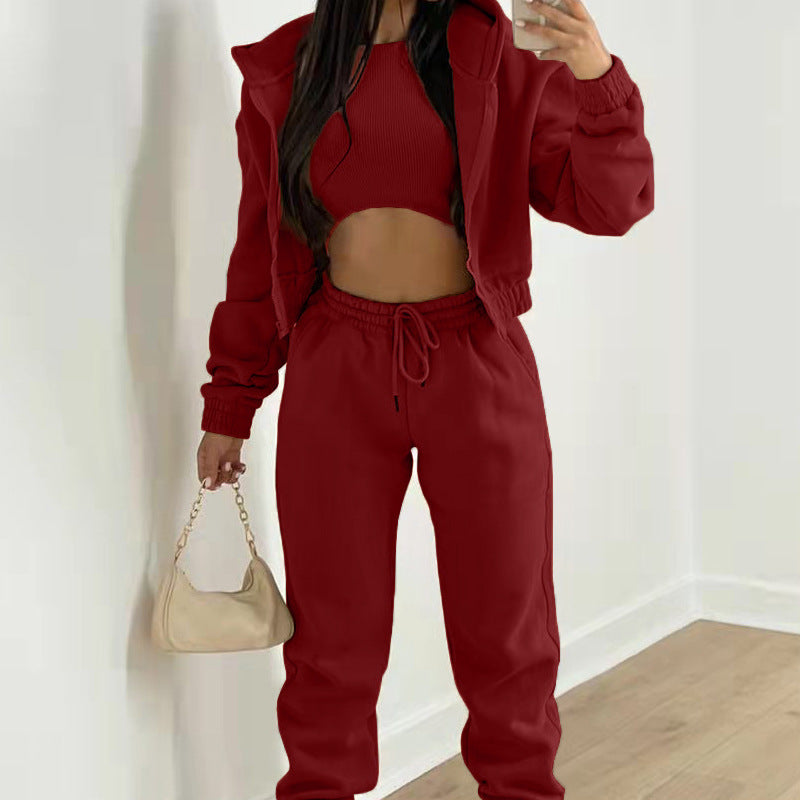 Spring new women's clothing solid color simple hooded sweater sports casual trousers three-piece set