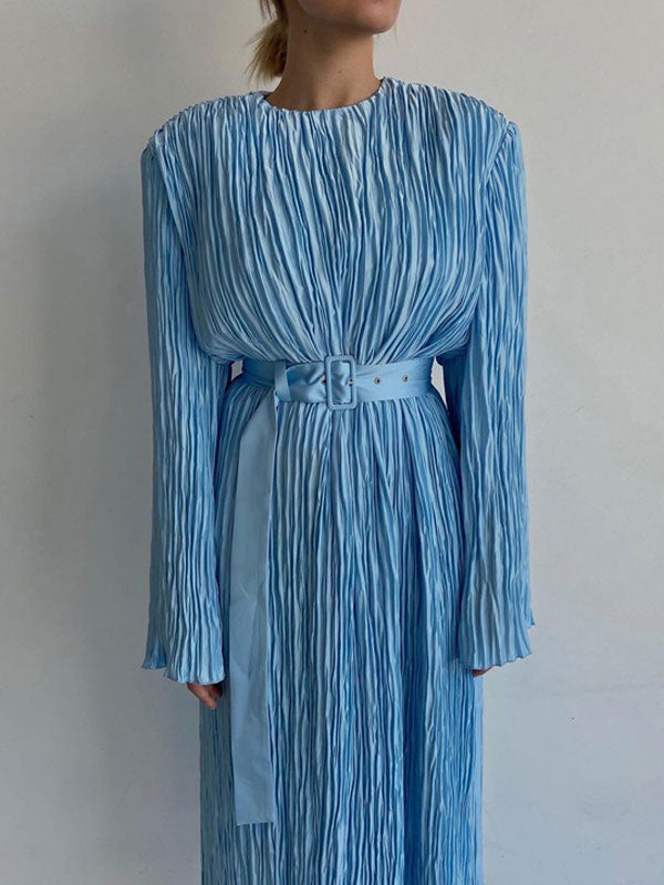 Long Sleeve Blue Pleated Midi Dress
