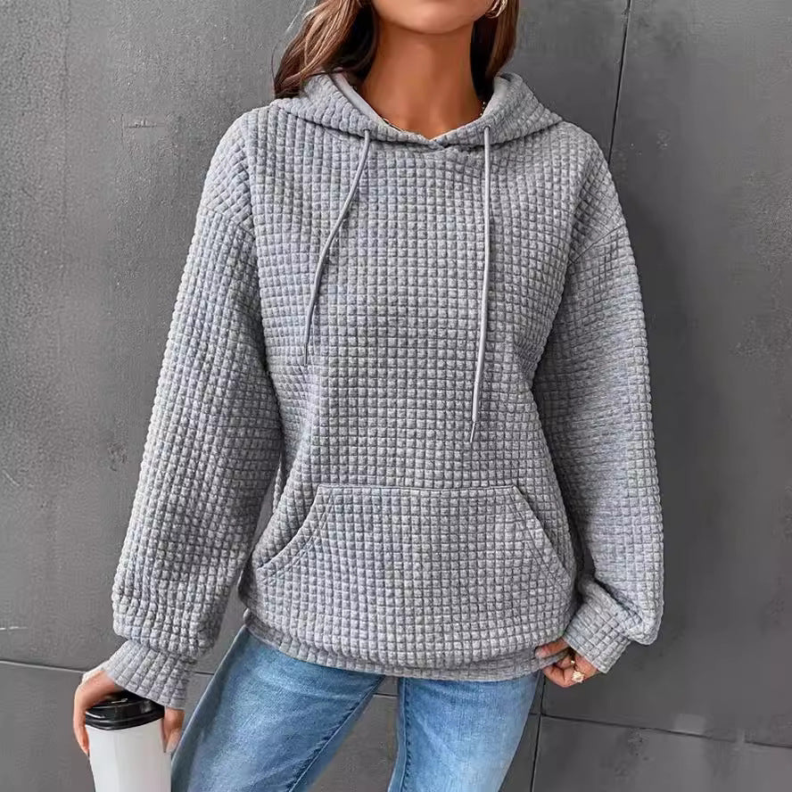 Autumn and winter women's hoodies waffle round neck long-sleeved sweater solid color top for women