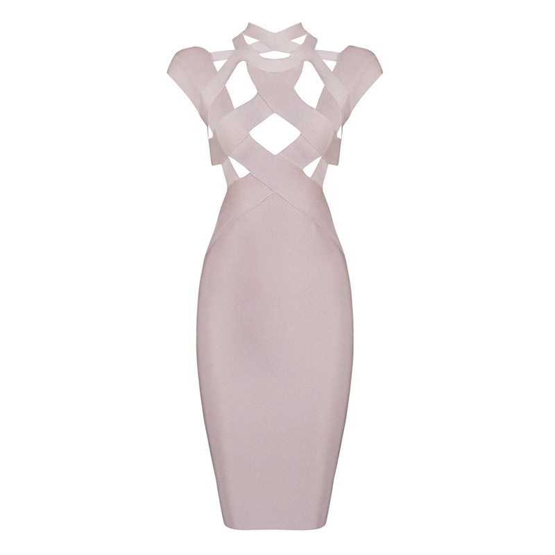 Solid Color Hollow Bandage Dress Banquet Evening Daily Style