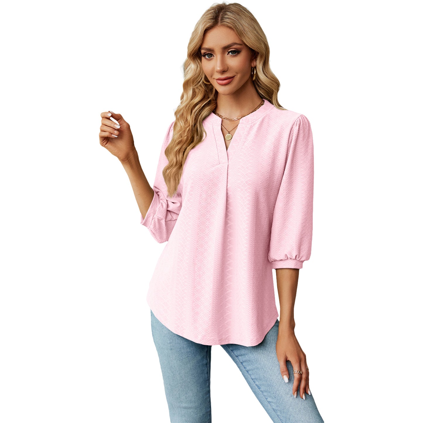 Autumn and Winter new solid color and V-neck jacquard 3/4 sleeve loose-fitting T-shirt top women