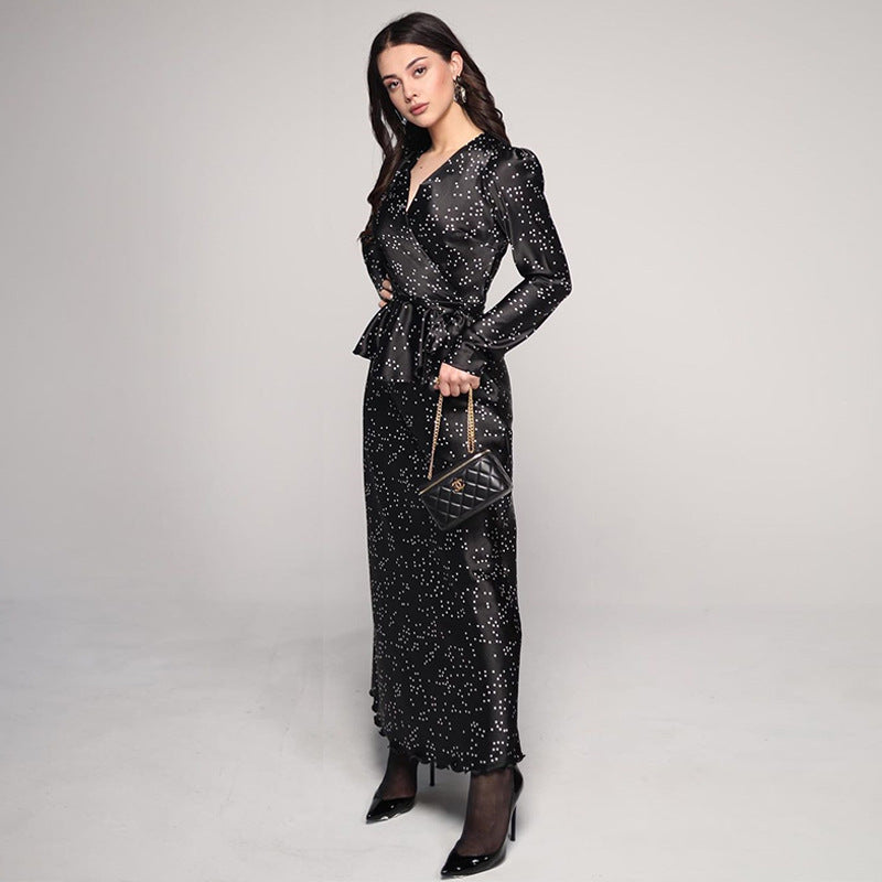 Spring new V-neck small fresh printing high waist long dress hip-wrapped dress