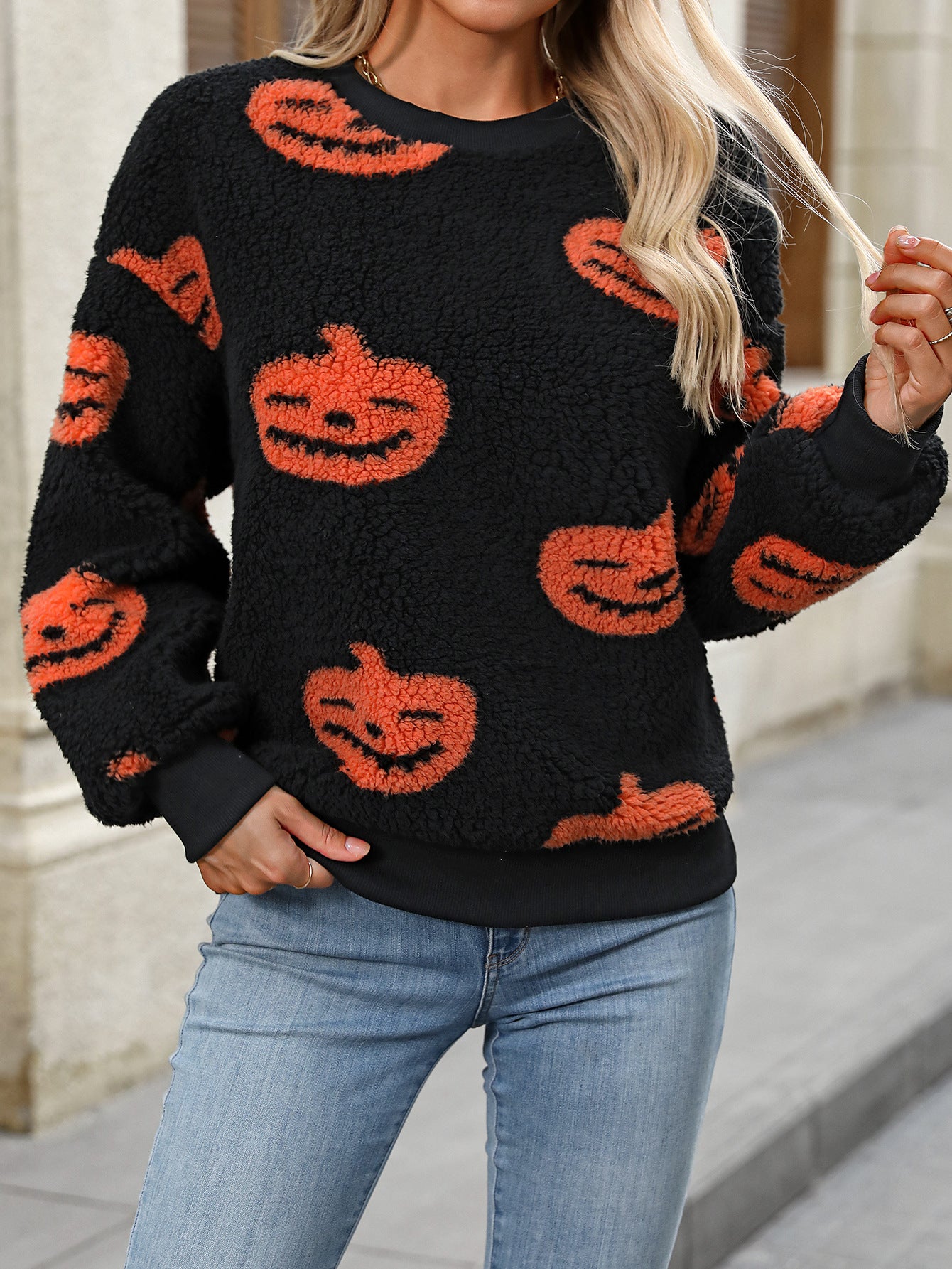 Women's autumn and winter Halloween printed plush loose pullover sweatershirt