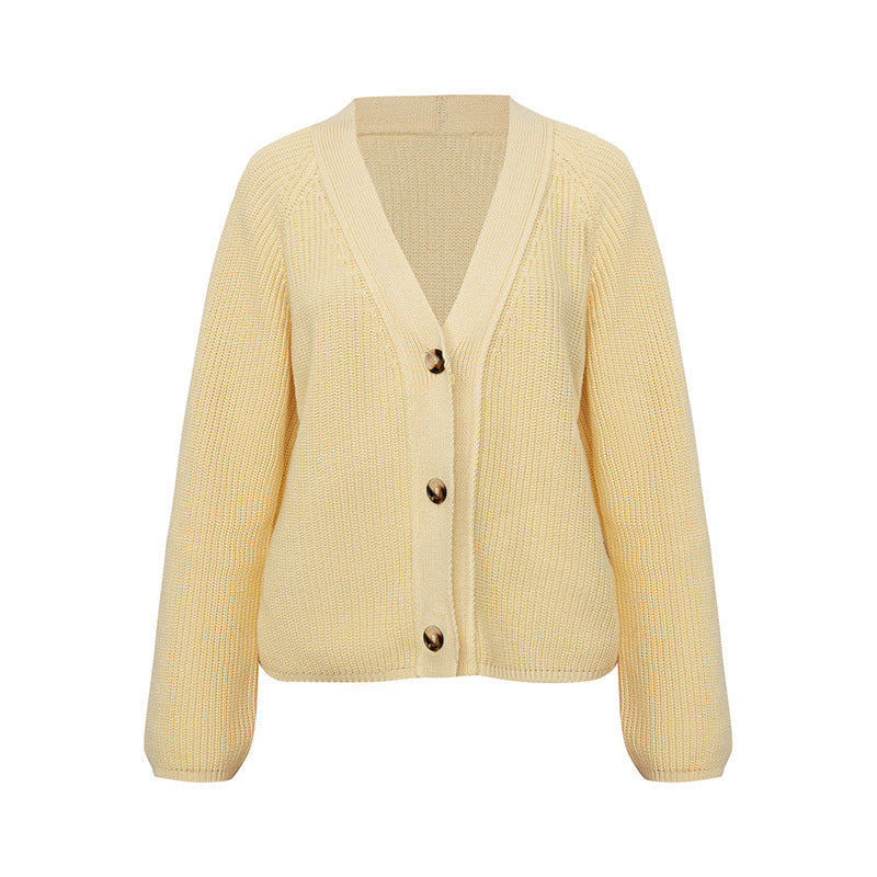 Women's V-neck short sweater cardigan autumn and winter batwing sleeve button solid color knitted coat