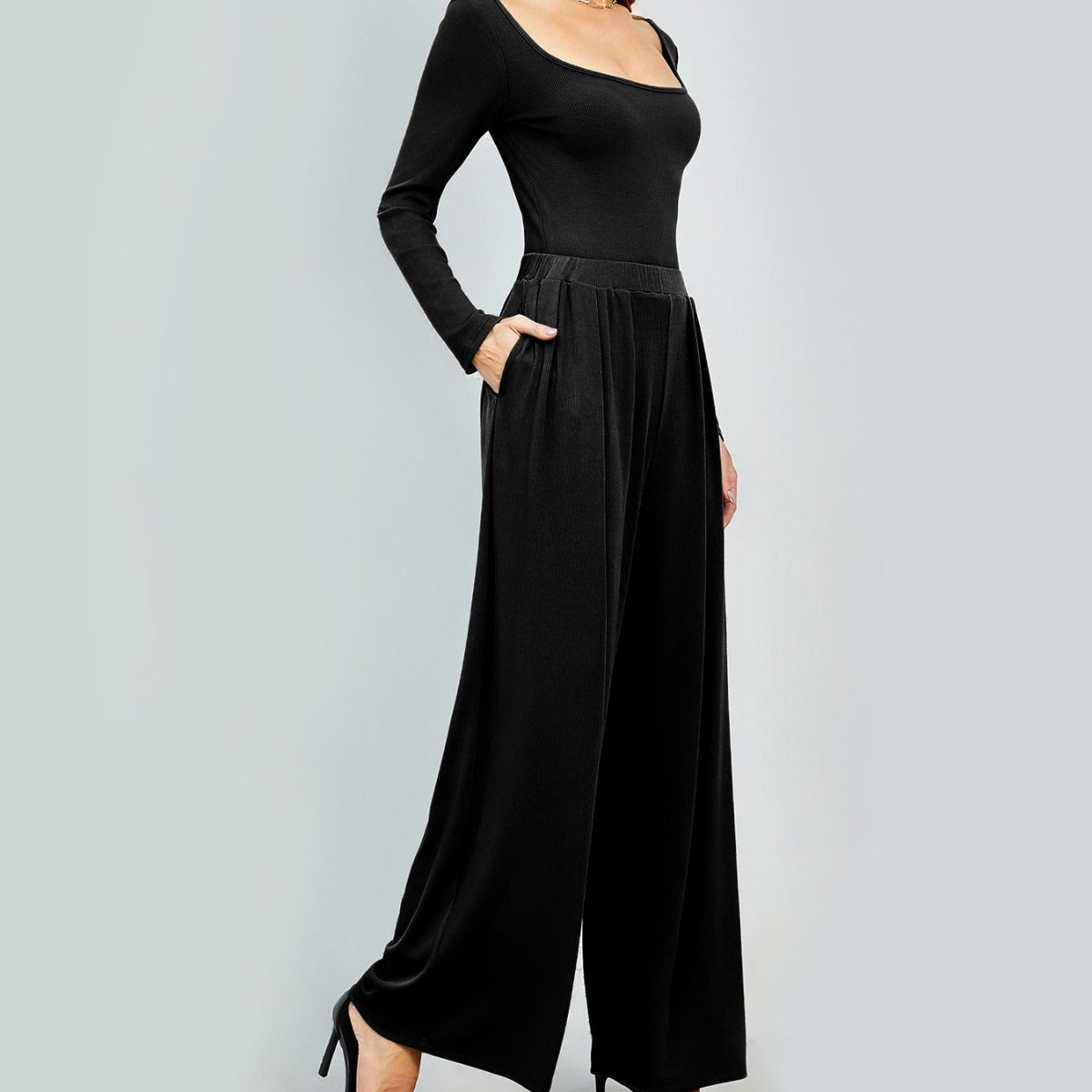 Pure Color Casual Straight-Leg Pants Women Drape Wide Leg