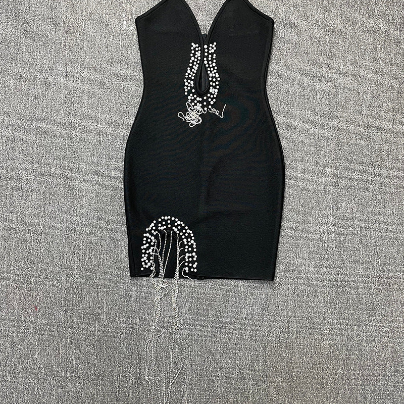 Bandage women's sexy hollow-out camisole tassel rhinestone waist dress evening dress