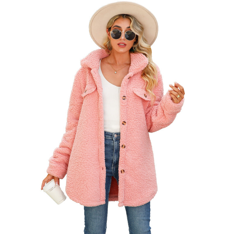 Women's lapel long sleeve loose Breasted Faux pocket non-ironing long plush coat 2025