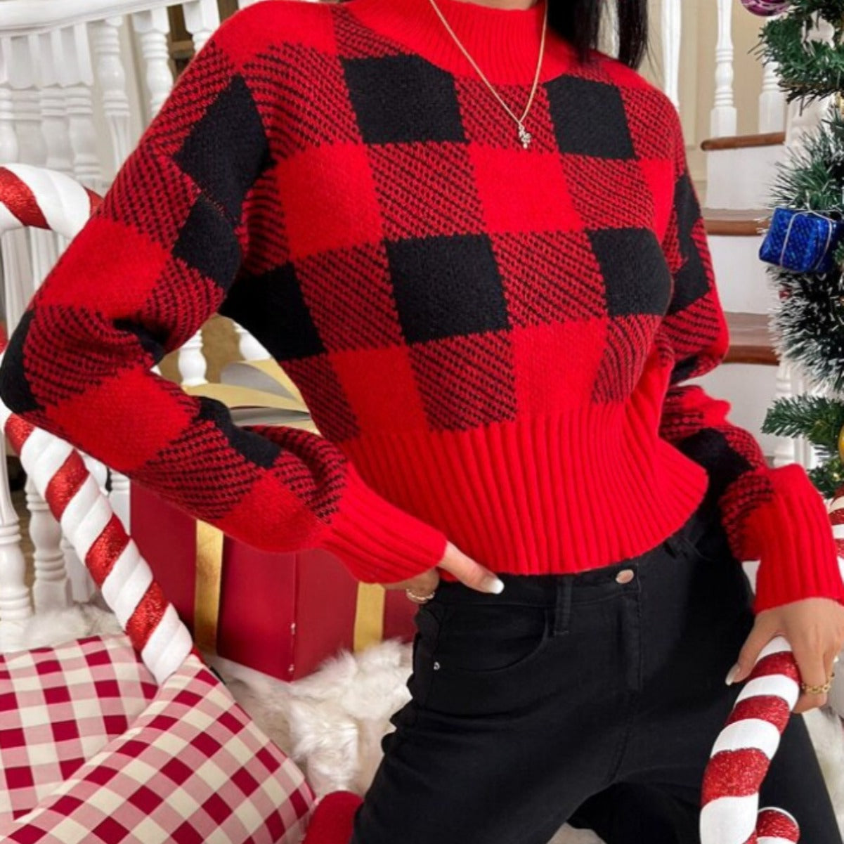 Christmas style knitted sweater autumn and winter New round neck loose jacquard plaid fashion sweater