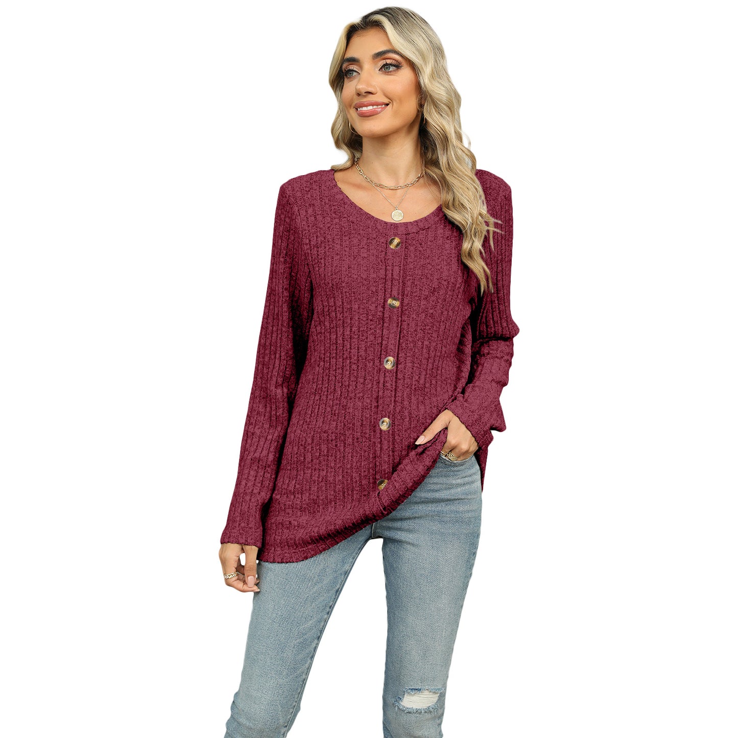 Spring and Autumn single-breasted round neck long-sleeved T-shirt loose top women's pullover sweater