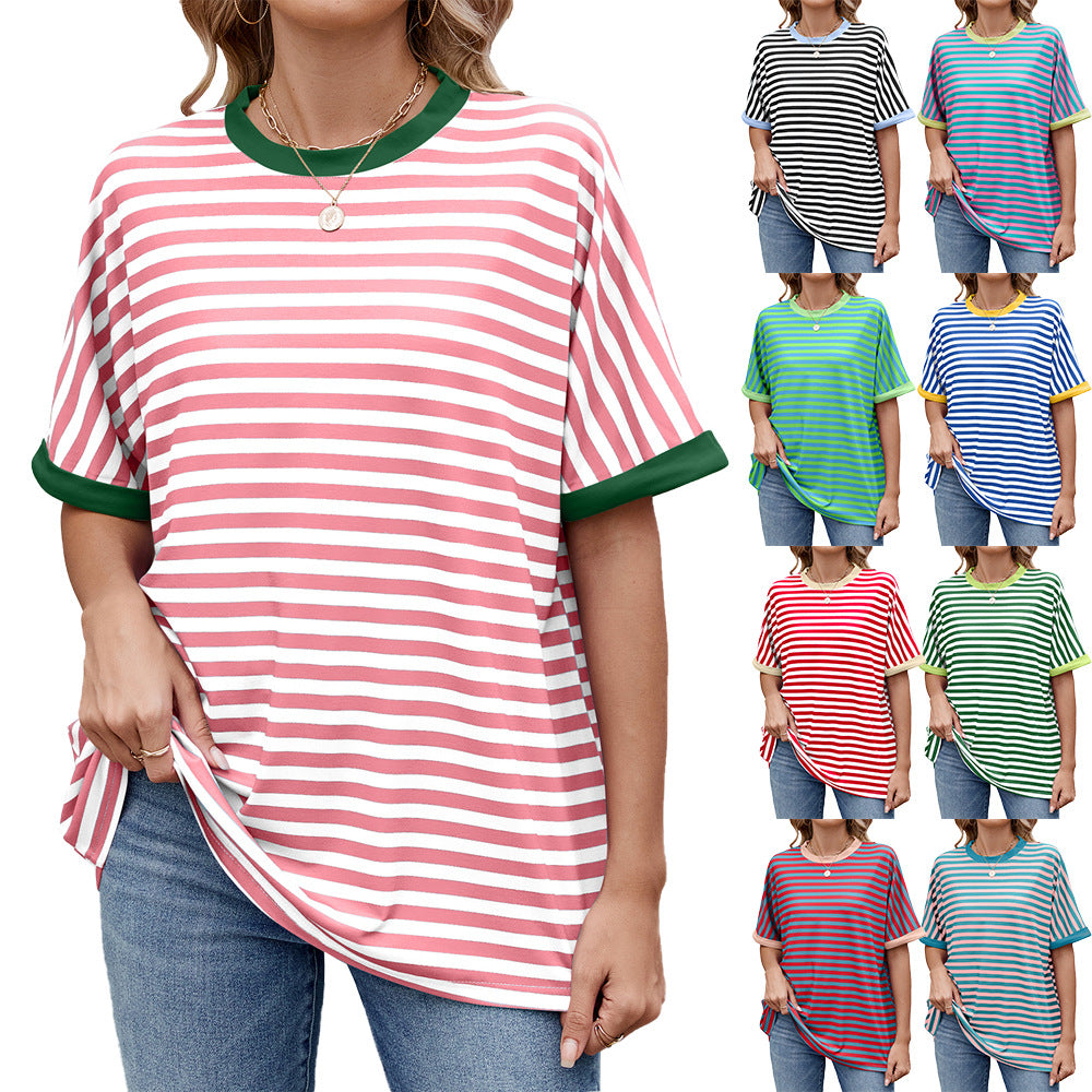 Spring and summer new striped contrasting color round neck loose short-sleeved T-shirt top women