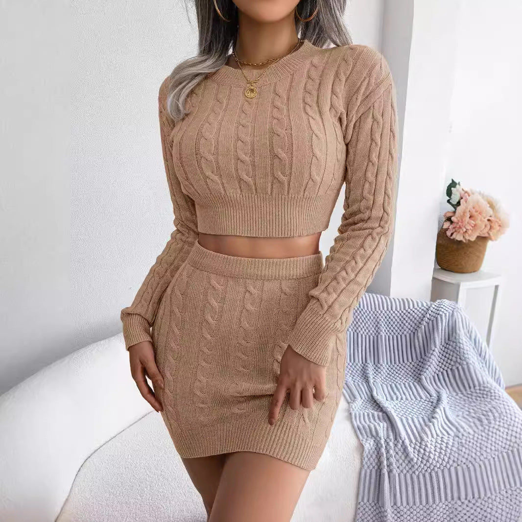 Casual twist off-the-navel sweater hip skirt knitted suit