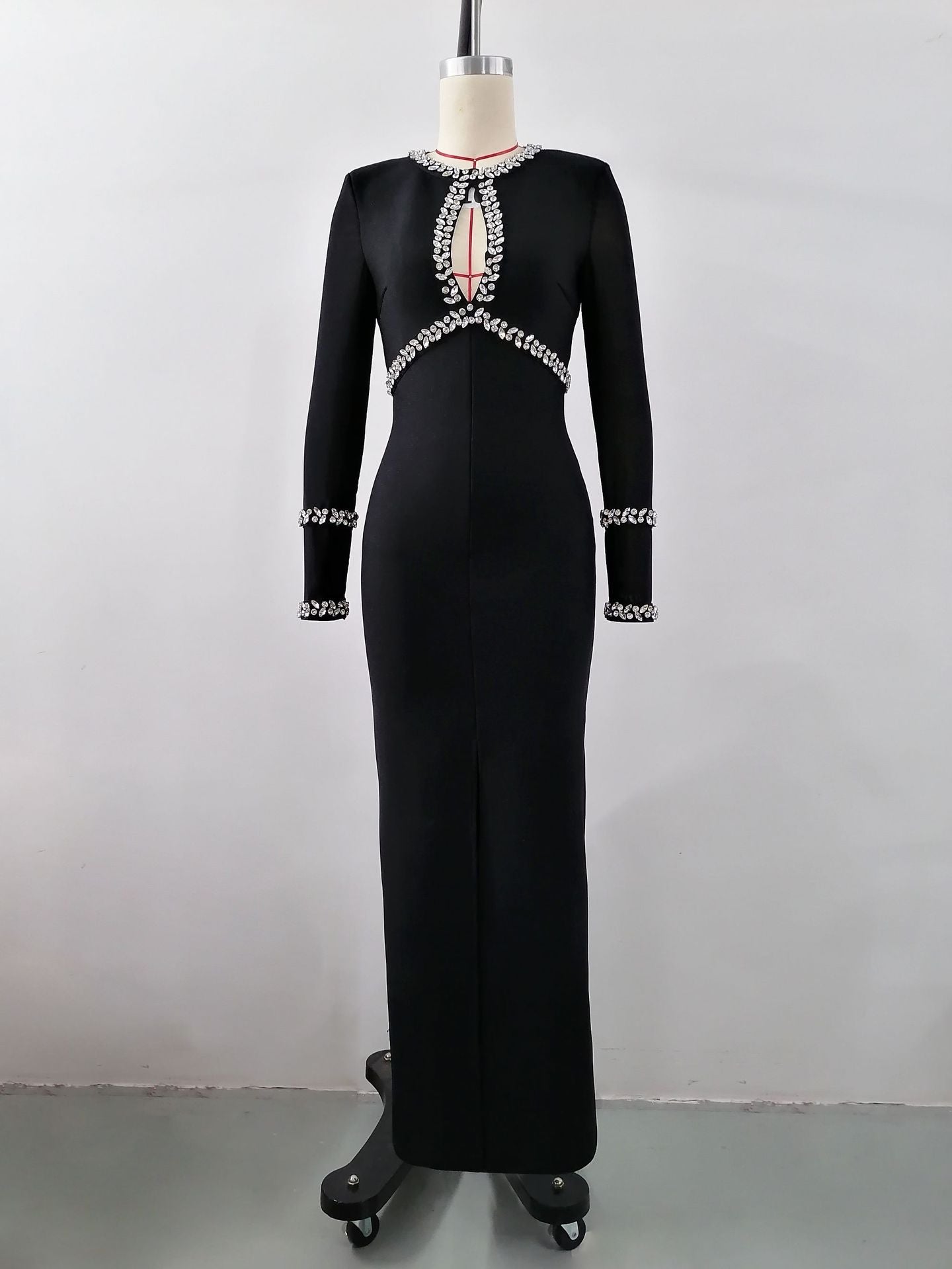 Autumn Winter Diamond Studded Hollow Waist Bandage Dress