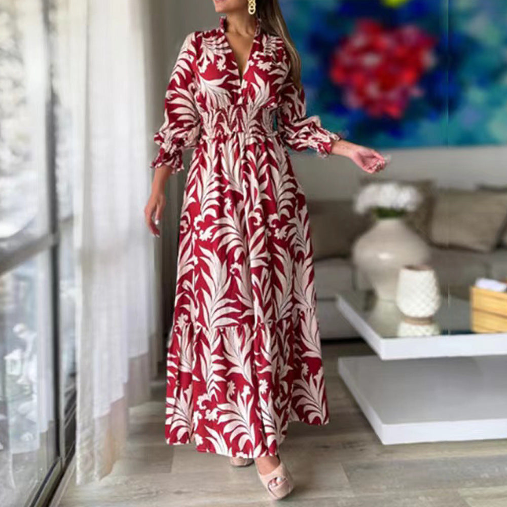 New long dress, waist pullover, bohemian print long-sleeved big swing dress.