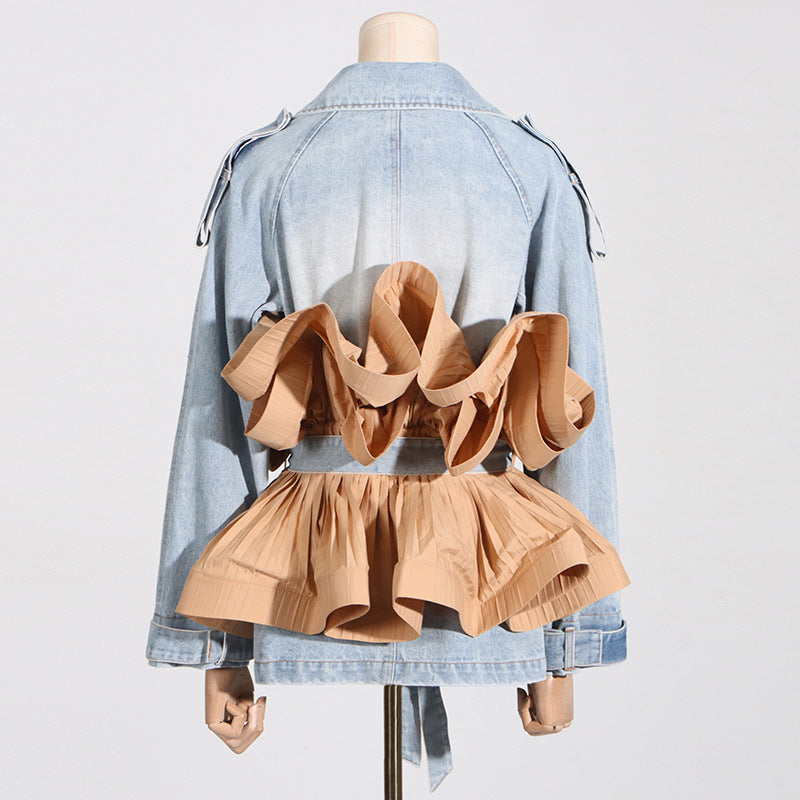 Autumn 2024 New Style Personalized Trendy Design Lapel Contrast Color Ruffled Fold Lace-up Women's Denim Jacket