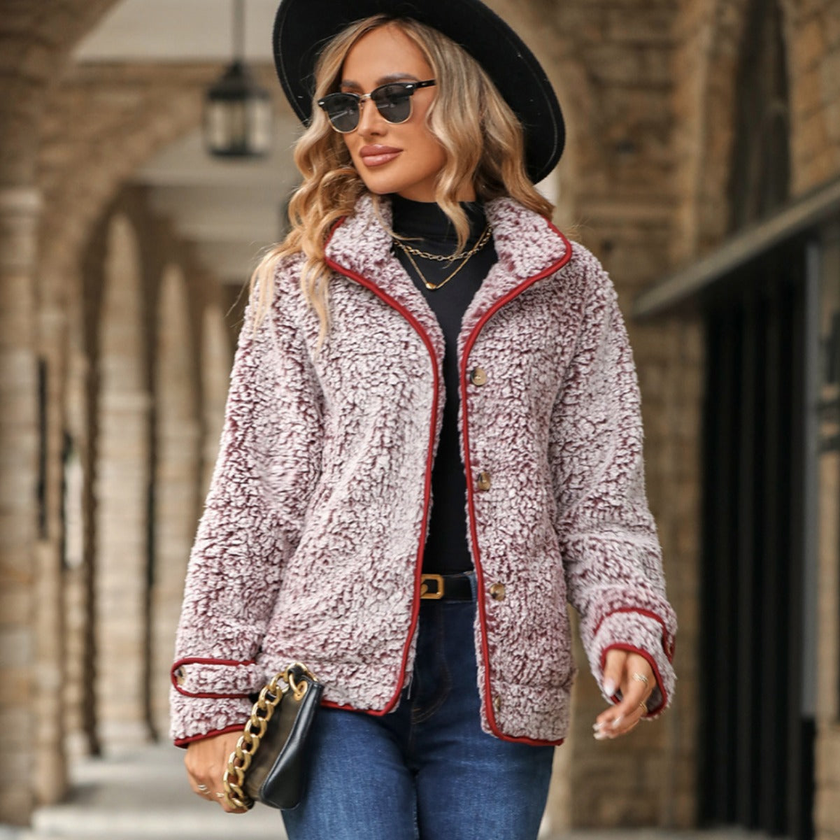 Autumn and winter women's long-sleeved single-breasted lapel plush coat