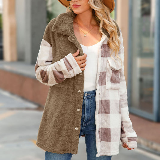 Autumn and winter women's casual long-sleeved lapel color-contrast check single-breasted knitted jacket