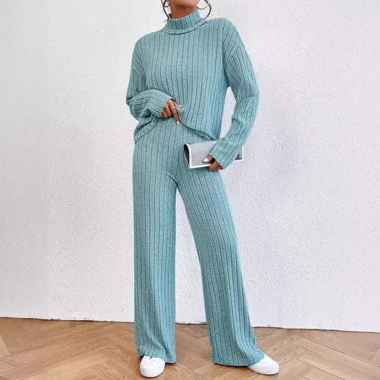 Autumn and Winter solid color turtleneck long sleeve sunken stripe loose wide leg pants home wear two-piece suit