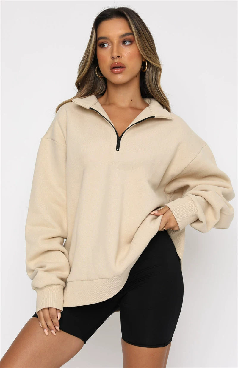 Autumn winter casual loose women hoodie zipper pullover sweater