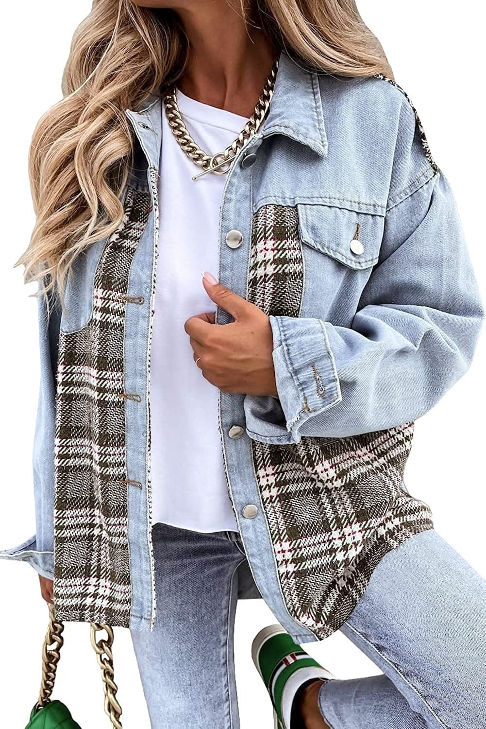 Fall Winter cowboy jacket long sleeve plaid button-down shirt patchwork top coat