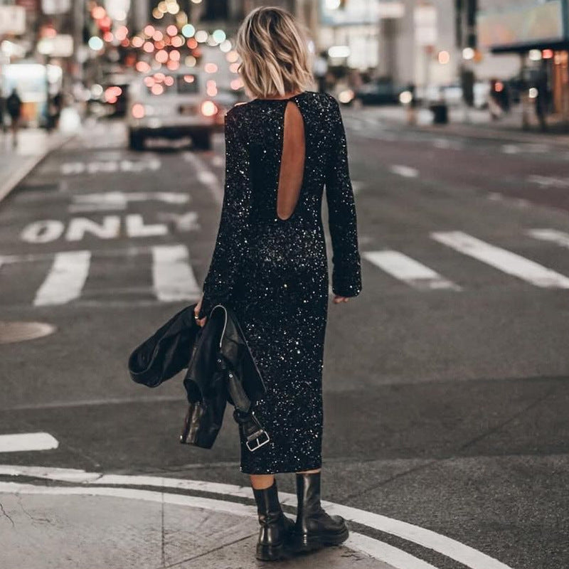 New simple bead piece street style fashion long-sleeved dress