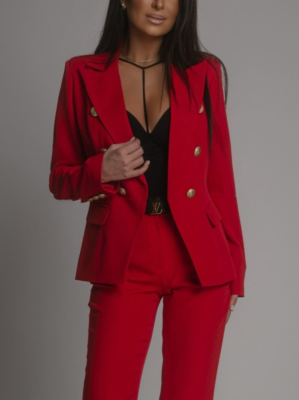Spring and Autumn women's jacket long-sleeved double-breasted solid color stand collar suit