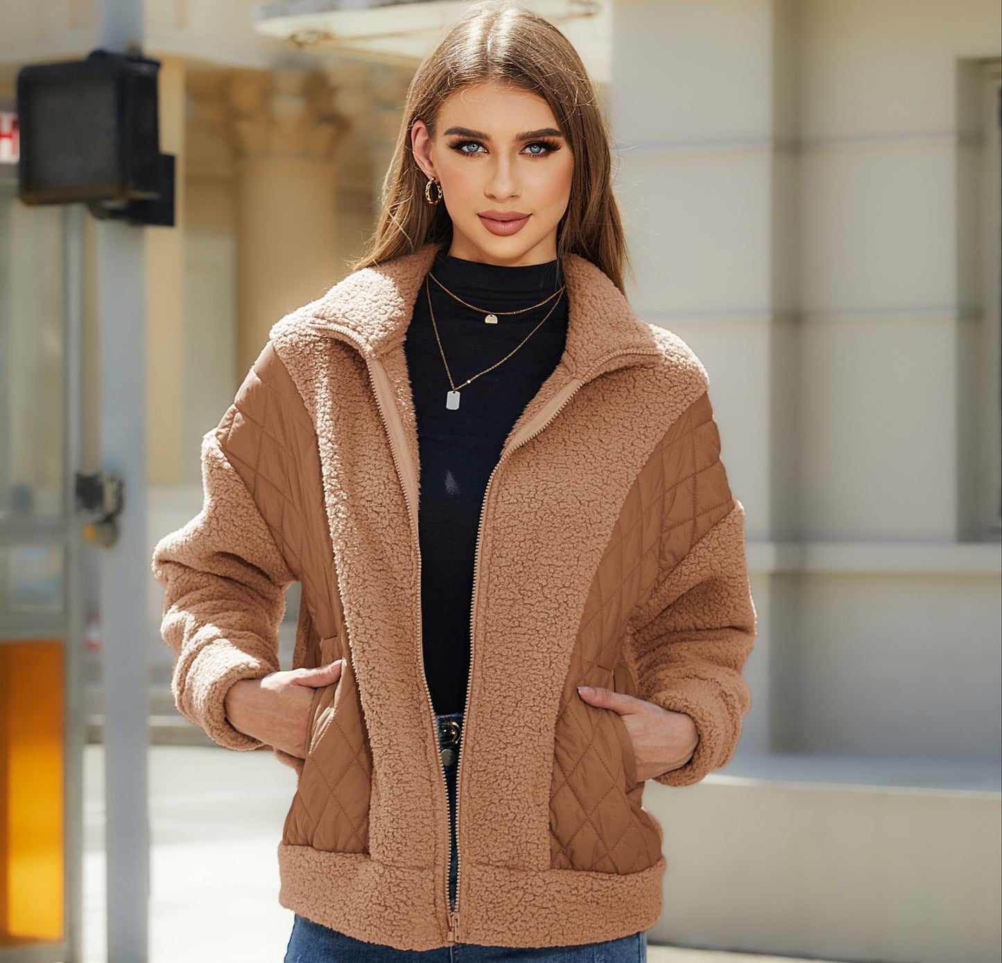 Women's autumn and winter long sleeve cardigan zipper plush stitching women's coat