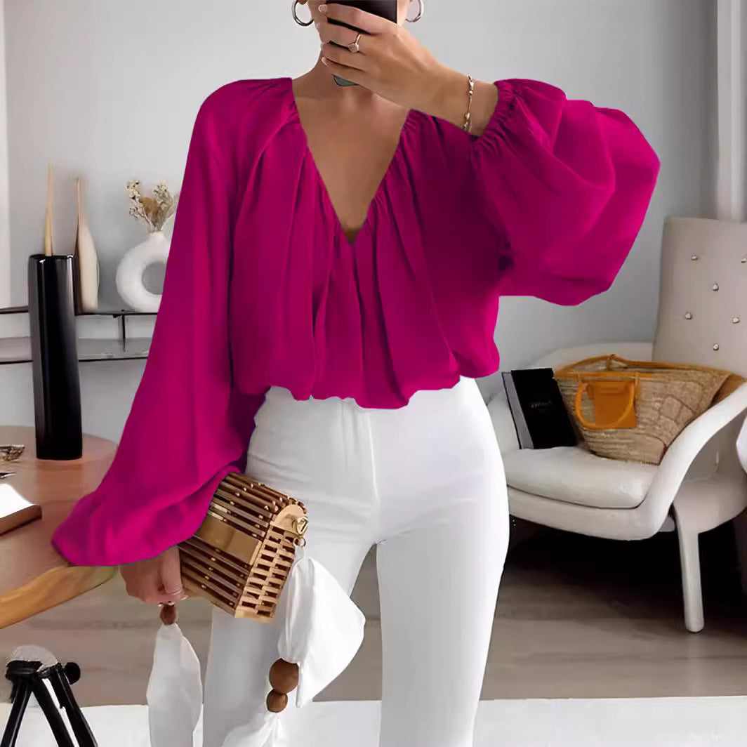 Printed V-neck long sleeve shirt elegant women's loose solid color top