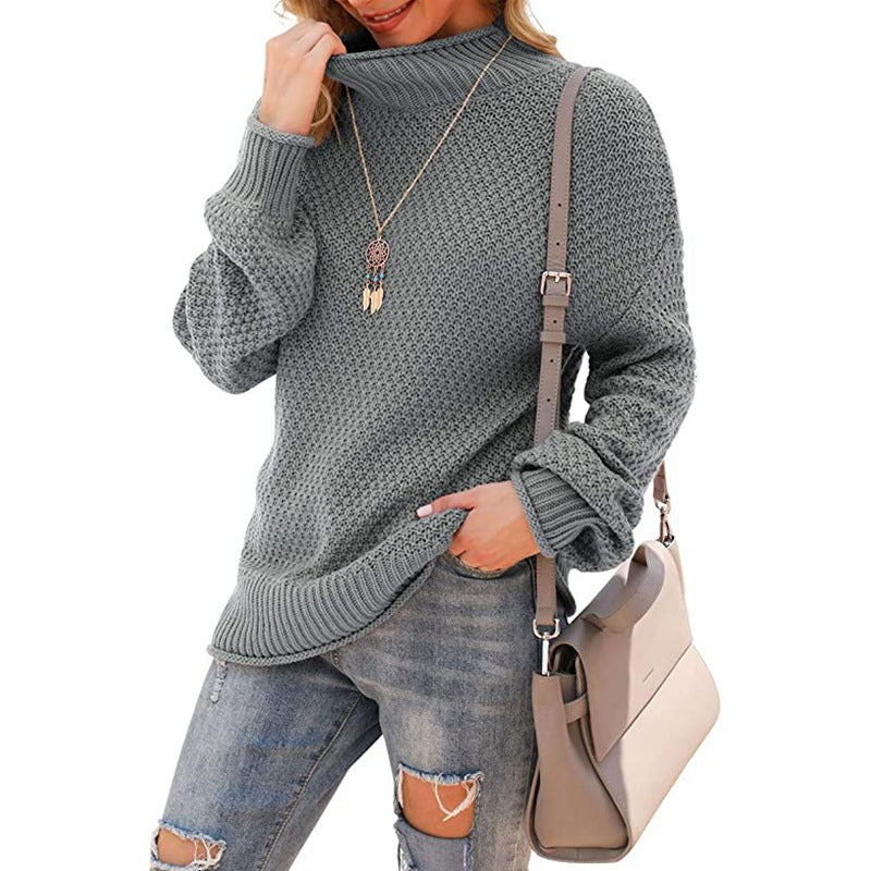 Women's sweater half turtleneck large size sweater bat long sleeve pullover loose solid color sweater