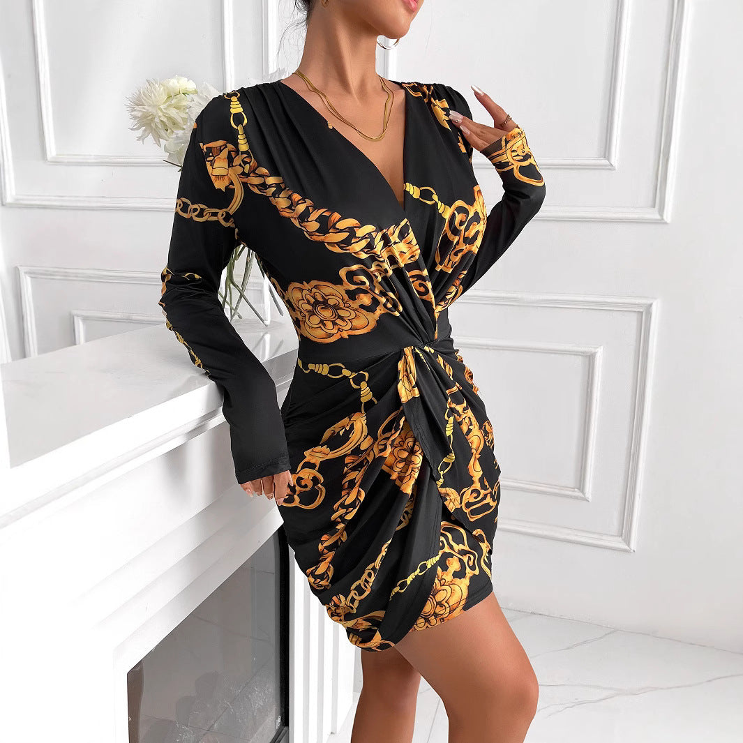 New women's clothing dress AliExpress fashion temperament printed long sleeve V-neck hip stretch short skirt banquet