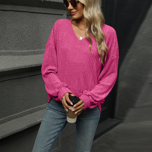 2024 autumn and winter new solid color and V-neck loose casual long sleeves T-shirt top women's clothing