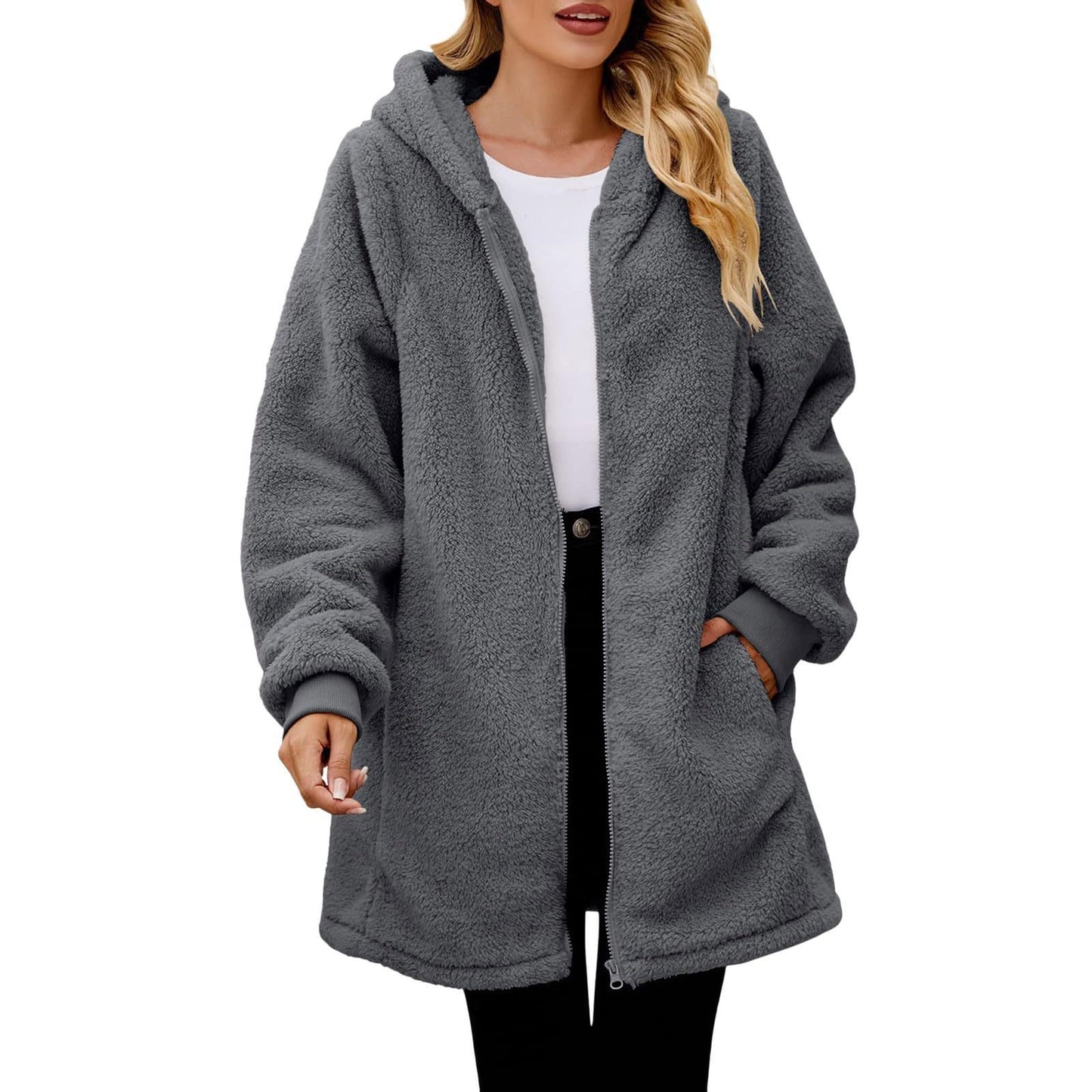 Winter loose plush women's long sleeve hooded zip cardigan coat