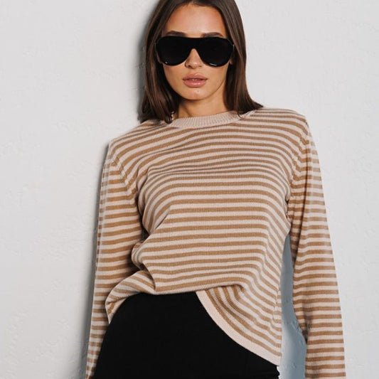 Striped sweater autumn thread contrast color round neck pullover women's knitted striped top