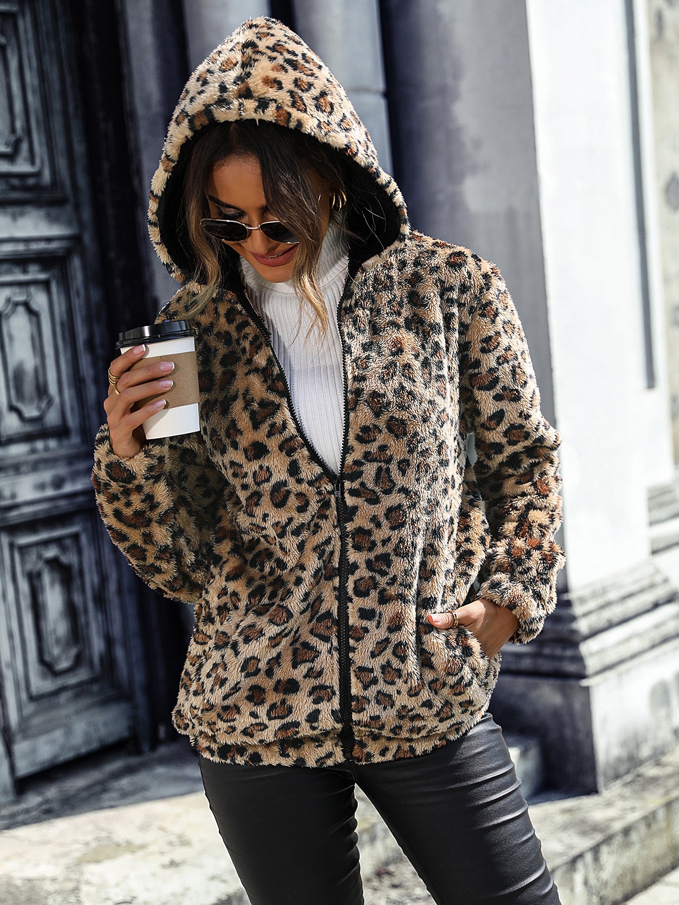 Women's leopard print stud for autumn and winter printed hooded loose zip plush cardigan jacket