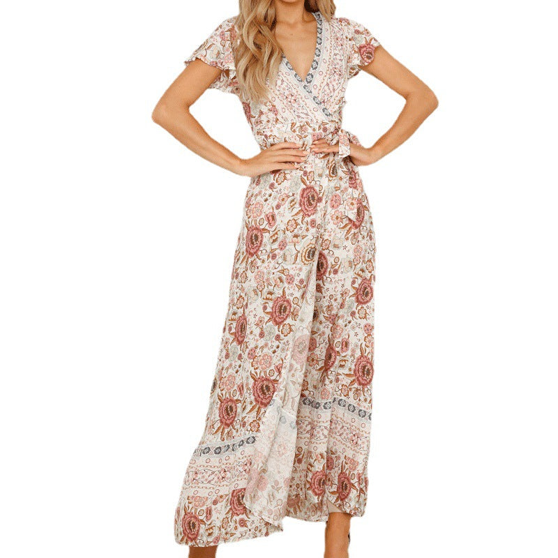 Summer V-Neck Bohemian Vacation Printed Dress Long Dress Spot