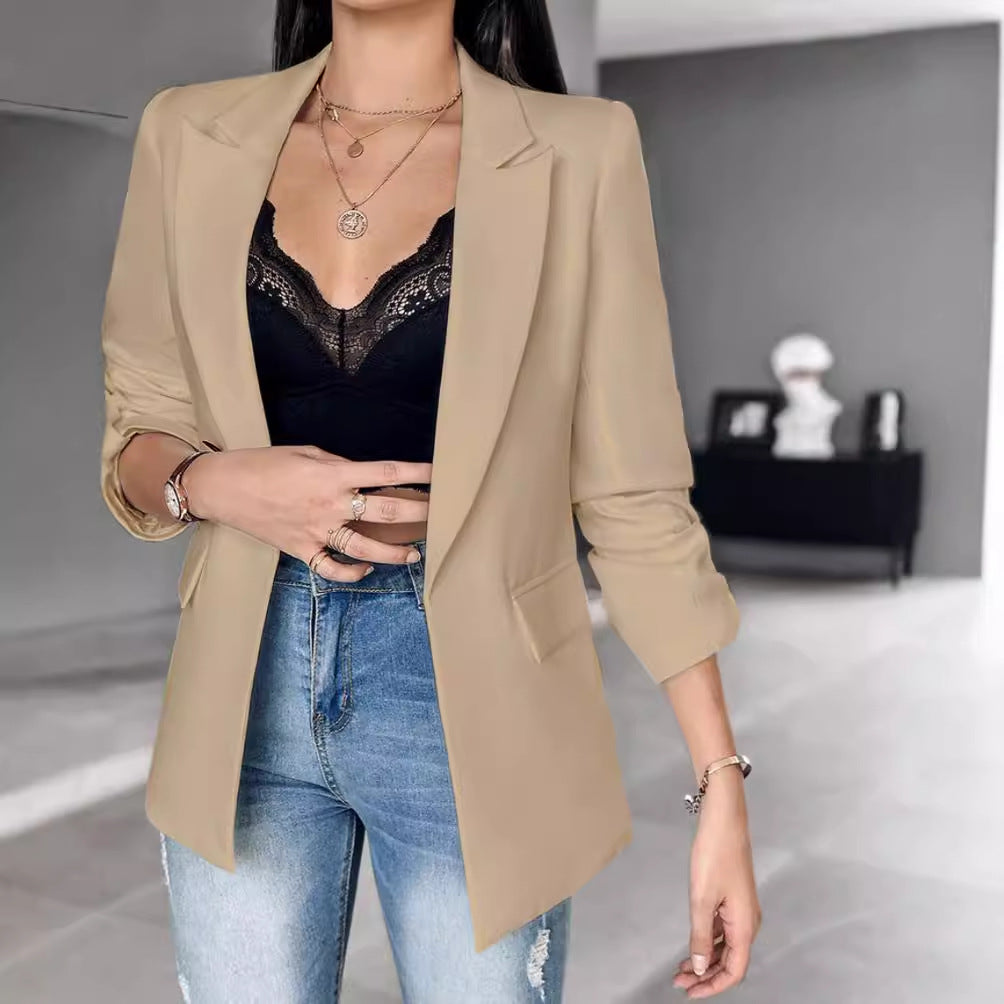 Autumn and Winter long sleeve solid color cardigan suit coat for women