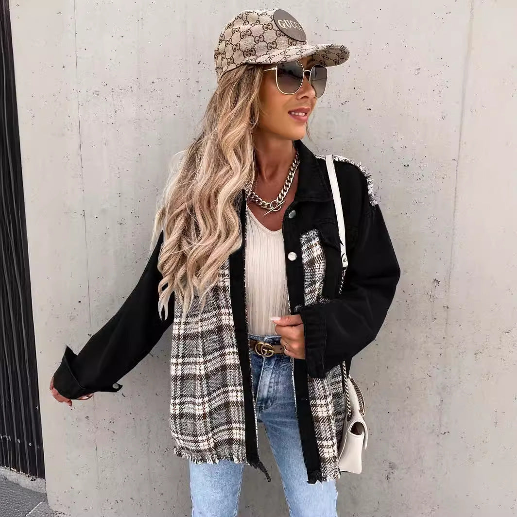 2024 New Denim stitching plaid coat loose top casual women's shirt