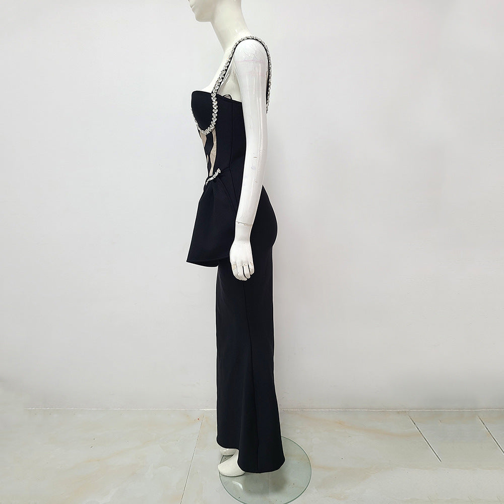 Sexy Sleeveless Dress Diamond Crystal Draped Black Bandage Gown