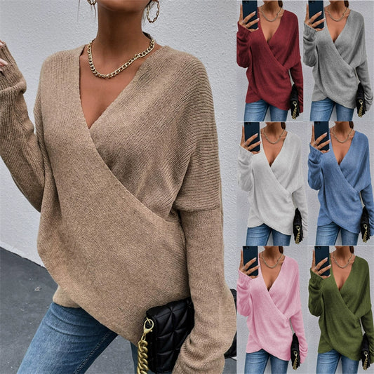 Autumn winter fashion v-neck cross knit women sweater tops