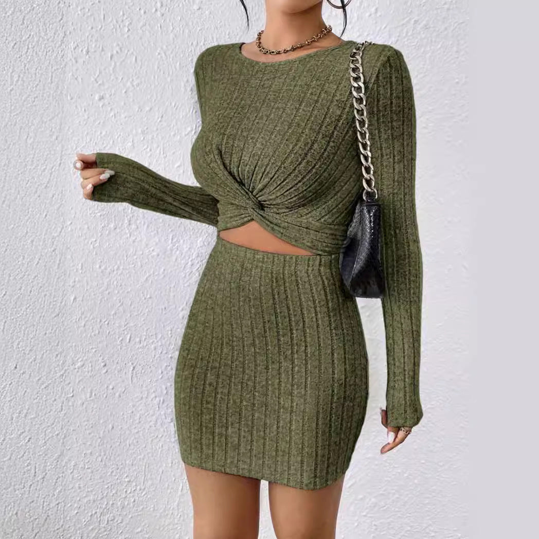 Women's round neck solid color long sleeve irregular knitting suit skirt