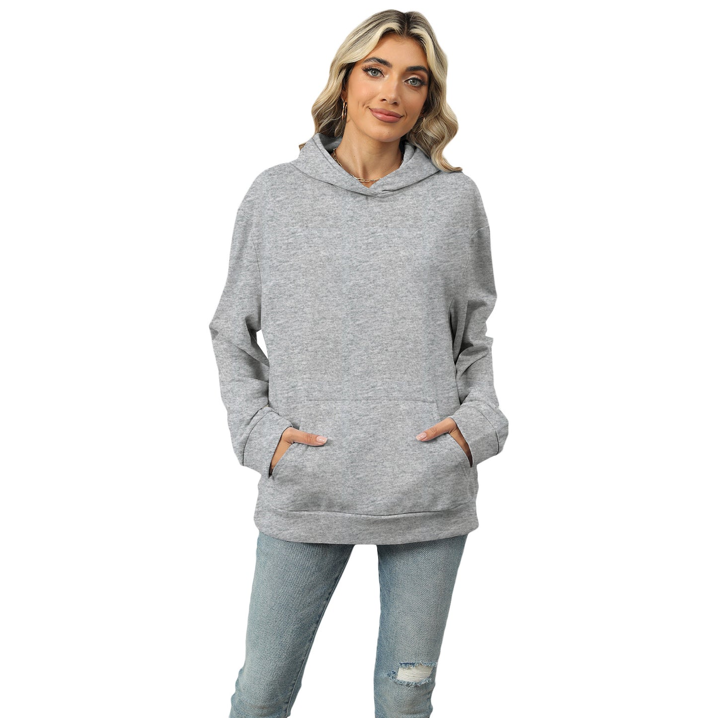 Autumn and Winter new casual hooded pocket sweatshirt solid color top for women 2025