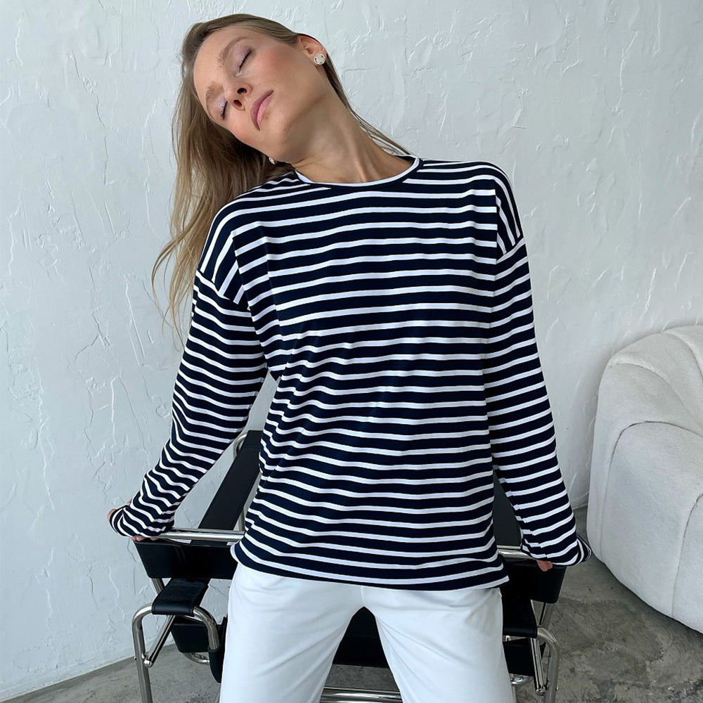 Long-sleeved striped T-shirt casual round neck cotton striped loose top