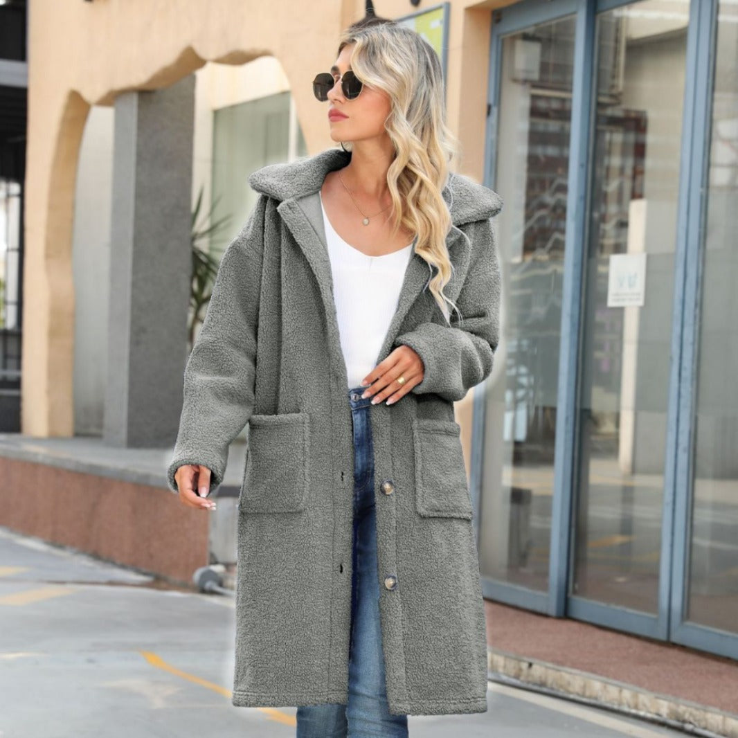 Autumn and winter women's long single-breasted lapel pocket solid color plush overcoat jacket