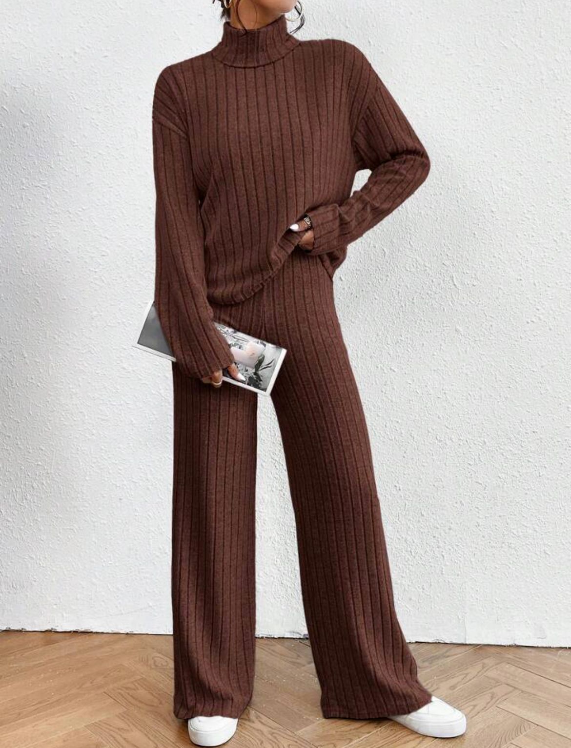 Autumn and Winter solid color turtleneck long sleeve sunken stripe loose wide leg pants home wear two-piece suit